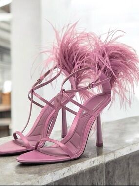 Zara Fuchsia Feathered Strap High Heel Sandals